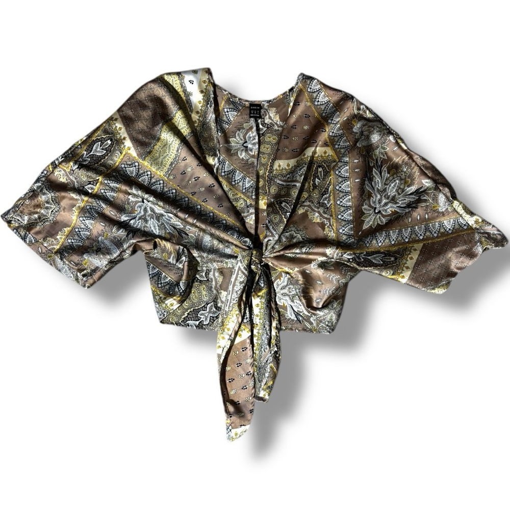 SHEIN Paisley Cream/Gold/Brown Tie-Front Collarless Cropped Festival Blouse - Picture 10 of 16